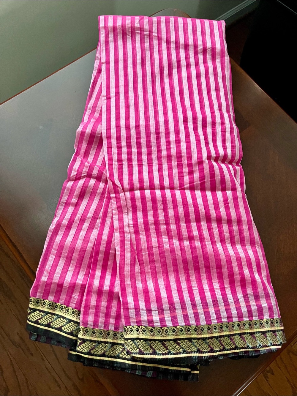 Pink Striped Saree with Gold Border